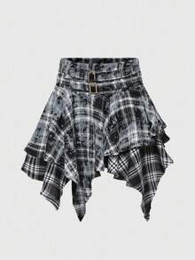 ROMWE Grunge Punk 休闲朋克风做旧拼接流苏下摆扎染格子图案街头风女裙 - 黑與白 - 查看 1