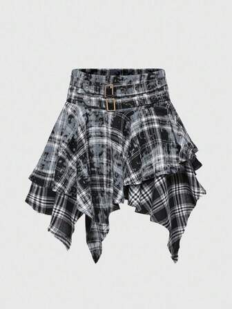 Grunge Punk Jupe femme style casual punk, patchwork déchiré avec franges, motif tie-dye à carreaux, style de rue