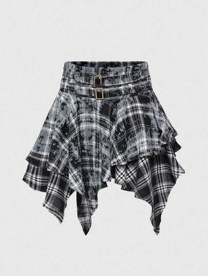 Grunge Punk Casual Punk Distressed Patchwork Fringe Hem Tie-Dye Plaid Pattern Street Style Women Skirt