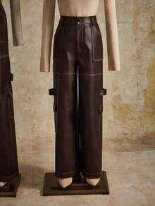 Anewsta Petite Elegant & Fashionable PU Leather Design Pocket Washed Straight Leg Pants For Petite Women, Suitable For Fall, Winter, Spring, New Year, Party, Wedding, Chic, Stylish, Work, Thanksgiving, Graduation, Christmas, Festival, Elegant - Coffee Brown - View 7