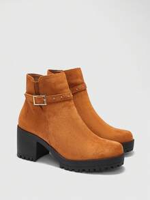 CUCCOO BIZCHIC Botas de tobillo de tacón alto grueso y versátiles de moda casual para mujer - Camel - Ver 7