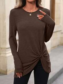 EMERY ROSE 女士休闲纯色扭结前襟长袖T恤，秋季款 - 咖啡棕 - 查看 4