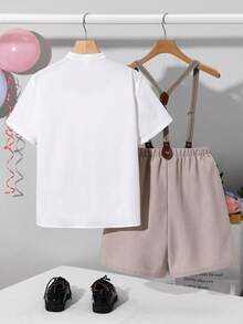 SHEIN Leap Crew 2pcs Tween Boy Casual Striped Collar Short Sleeve Shirt And Elastic Waist Shorts Set, Suitable For Autumn, Spring, Summer, Outdoor Play, School, Street Style, Party And Leisure