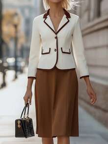 EMERY ROSE Women's Single-Breasted Contrast Trim Blazer & A-Line Skirt Elegant Casual Commute Fashion French Street Vintage Business Holiday Outfit, Apricot Blazer & Brown Skirt, Autumn/Winter 2-Piece Suit - Multicolor - View 1