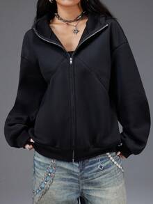 Bloopia Women's Casual Long Sleeve Hoodie Jacket With Dog Ear Design And Zipper Pockets - Black - View 4