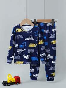 Set pijamale 2 buc Young Boy cu imprimeu grafic de Halloween cu mașina dovleac și colanți cu mânecă lungă - Albastru regal - Vizualizare 6