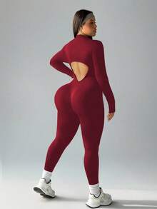 Rhythm Era Plus Size Women Seamless Burgundy Backless Jumpsuit With Long Sleeves - Burgundy - View 6