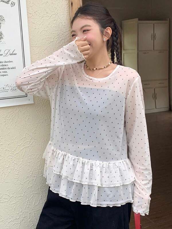 Dazy Plus Fashionable Polka Dot Patchwork Hem Semi-Sheer Casual Plus Size Blouse For Women, Spring/Autumn Long Sleeve Women