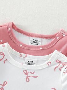 SHEIN 女婴睡衣两件套，长袖套头衫和打底裤，舒适针织面料，可爱波点蝴蝶结印花图案 - 彩色 - 查看 5