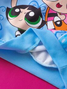 THE POWERPUFF GIRLS X SHEIN Young Girl Cute Blossom, Bubbles, Buttercup Pattern Butterfly Graphic Drop Shoulder Long Sleeve Hooded Knit Casual Sweatshirt, Blue - Blue - View 8