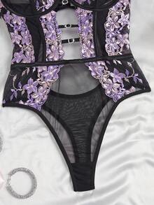 SHEIN 1件装女士性感花卉刺绣网纱连体衣 - 彩色 - 查看 5