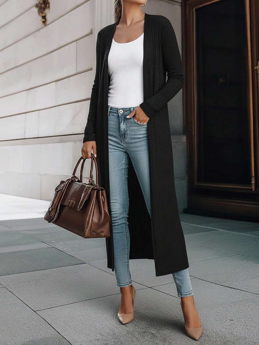 EMERY ROSE Women's Knitted Long Cardigan Coat With Pockets Fall Winter Cloth For Women - Black - View 1