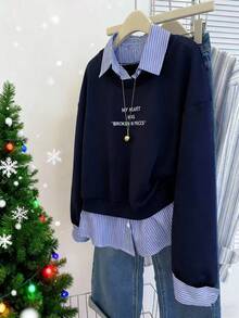 INAWLY Sudadera informal de talla grande con estampado de rayas y letras, cuello polo, otoño