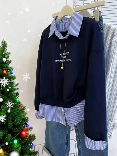 INAWLY Sudadera informal de talla grande con estampado de rayas y letras, cuello polo, otoño