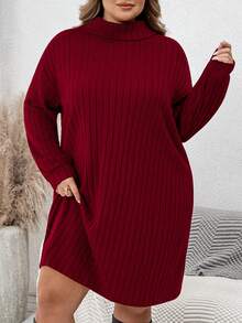 SHEIN CURVE+ 大码休闲简约高领罗纹拉绒红色毛衣裙，适合休闲装和圣诞节 - 酒紅色 - 查看 7