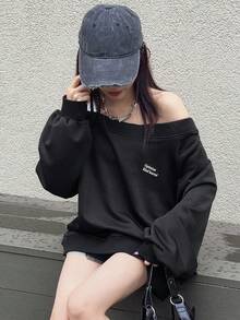 FRIFUL Damen Slogan Muster Off-Shoulder Langarm Lässiges Lose T-Shirt