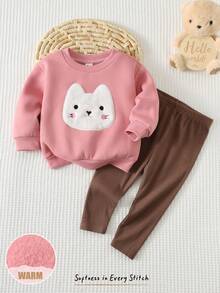 Cozy Pixies 2pcs Baby Girl Cartoon Rabbit Graphic Knit Soft Crew Neck Long Sleeve Sweatshirt And Elastic Waist Pants Set - Multicolor - View 3