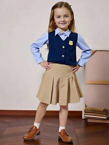 PrepCrw 两件套少女优雅都市校园休闲套装，浅蓝色撞色藏蓝色翻领长袖开衫衬衫搭配卡其色百褶裙，适合返校、休闲外出、旅行、聚会、假期、秋冬季穿着。 - 彩色 - 查看 8