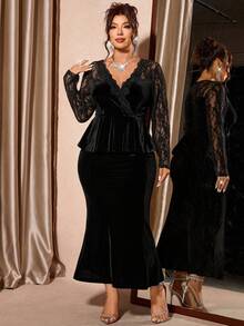 Cravure Bộ 2 món áo ren cổ chữ V tay dài thanh lịch và chân váy nhung đuôi cá cho nữ - màu đen - Xem 6