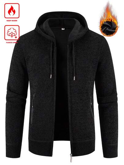 Manfinity Mode Men Black With Thermal Lined Drawstring Hooded Thermal Lined Zipper Cardigan Going Out Chunky Cardigan Casual Dark Black Cardigan, For Husband, Boyfriend Gifts, For Fall Winter Men's Long Sleeve Autumn/Winter Thermal Lined Hooded Cardigan. It Is Great For Couples And Makes An Excellent Gift Idea For Boyfriends Or Husbands Men Cardigan, Long Sleeve Top