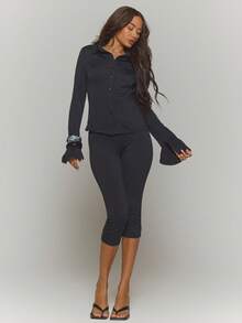 MUSERA 纽扣修身弹力喇叭长袖衬衫搭配修身七分裤套装，适合秋冬街头风，清凉时尚，适合夜晚外出、日常穿着，性感迷人，尽显优雅别致。 - 黑色 - 查看 4