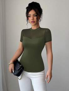 Elenzga Áo thun nữ cổ tròn tay ngắn họa tiết lưới vá trơn màu đa năng mùa hè 2025 - xanh quân đội - Xem 7