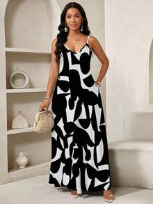 SHEIN Lady 几何印花长款吊带裙，适合日常休闲穿着