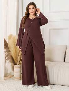Lacomfia Plus Size Women's Solid Color Single-Breasted Long Sleeve Split Hem Top And Wide Leg Pants Casual 2-Piece Set - Coffee Brown - View 1