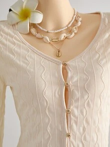 Teen Girls Apricot Solid Textured Knit Fabric Casual Vacation Button V-Neck Long Sleeve Cardigan And Mini Skirt 2-Piece Set, Suitable For Dates, Afternoon Tea, Beach, Cruise, City Vacation, All Seasons, Wedding, Music Festival Top And Skirt Set - Apricot - View 9