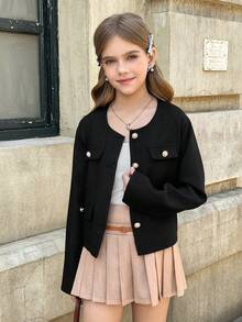 SHEIN Tween Girl Short Crew Neck Long Sleeve Jacket, Suitable For Daily Commute - Black - View 6