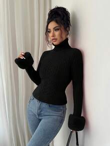 SHEIN Elenzya Elegant Twist Collar Patchwork Knit Sweater, Long Sleeve, Slim Fit, Suitable For Commuting, Autumn/Winter - Black - View 4