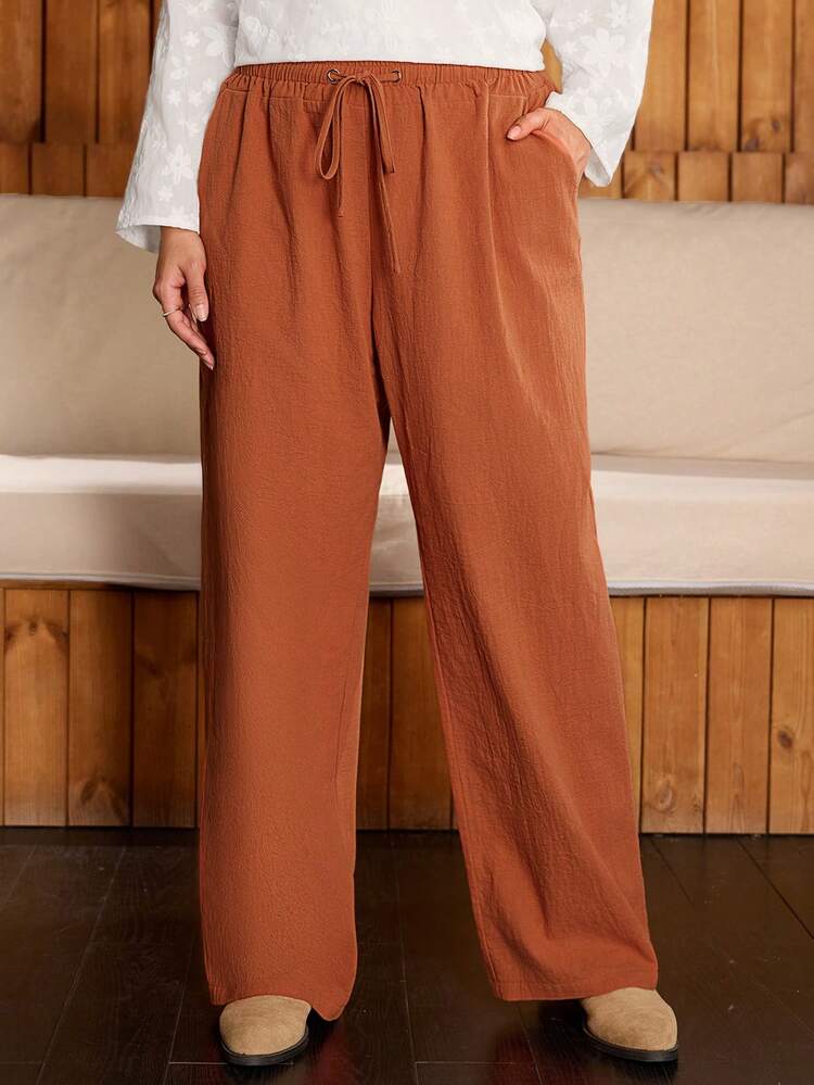 Calças de Inverno Casuais de Plus Size para Mulheres, Estilo Country, Cor Sólida com Bolsos, Confortáveis e Respiráveis, Outono/Inverno, Calças Perna Larga, Simples e Elegantes para Uso Diário, Natal e Ano Novo para Mulheres