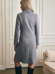 SHEIN PETITE Women's Double-Breasted Lapel Elegant Casual Street Commute Business Romantic Date Party Christmas Midi Coat, Heather Gray - Grey - View 2