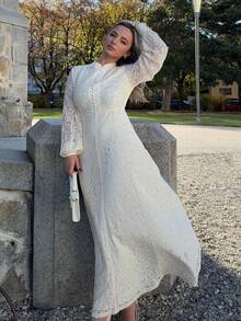 Jeta Ari Elegant,Spring,All White Woman Outfits Women's Long Sleeve Lace Burgundy Dress Maxi Women Outfit - Beige - View 4