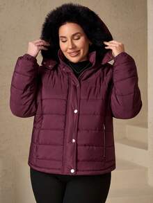 Chikora 大码女式高级紫红色绗缝拉链连帽羽绒服，带口袋、保暖毛领、可拆卸毛领，温暖舒适，高品质可拆卸保暖毛领，2025新款，舒适保暖，抵御寒冷，大码女式长袖口袋休闲外套，秋季女装，冬季女装，复古风，外出，秋冬外套 - 中紫紅色 - 查看 7