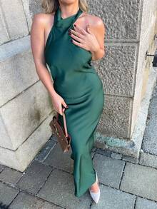 Jeta Ari Women's Elegant Backless Dress With Tie Neck, Modern Urban Design, Olive Green,Autumn Outfits For Women, Christmas Women's Clothing Party Dress - Dark Green - View 3