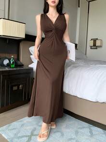 DAZY Đầm dài không tay dệt kim xoắn màu trơn tối giản mặc ở nhà dành cho nữ - màu nâu - Xem 5