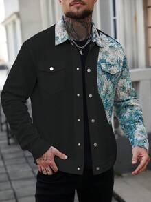 Manfinity CasualCool 男士休闲日常撞色印花长袖夹克 - 黑色 - 查看 6