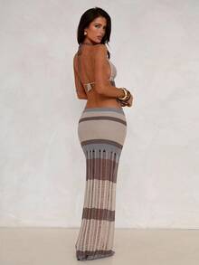 Aloruh 女士春夏新款波西米亚复古风钩针编织两件套，优雅性感沙滩度假装：露背吊带短款上衣+超低腰镂空长裙两件套，女士两件套，秋冬性感女装 - 灰色 - 查看 3