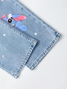 SHEIN ChillGRL Tween Girls Straight Leg Jeans, Blue Denim Casual Pants, Y2K Aesthetic, Outdoor Chic, Comfortable Cotton Fabric, Cartoon Animal Graphic Print, Elastic Waist, Versatile For School, Party, Travel, Daily Wear - Light Wash - View 7