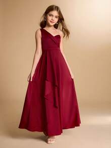 Elegantes Blumen Mädchen-Kleid für Abschluss, Hochzeit, Ball, geeignet für Halloween, Weihnachten, burgunderrotes Satinkleid mit einem Schulterträger, Schleife, rückenfreiem Rücken und Midi-Länge für Tween Mädchen, asymmetrischer Saum, aufgeblähter Prinzessinnen-Stil für den Schulanfang - Bordeaux - Übersicht 4