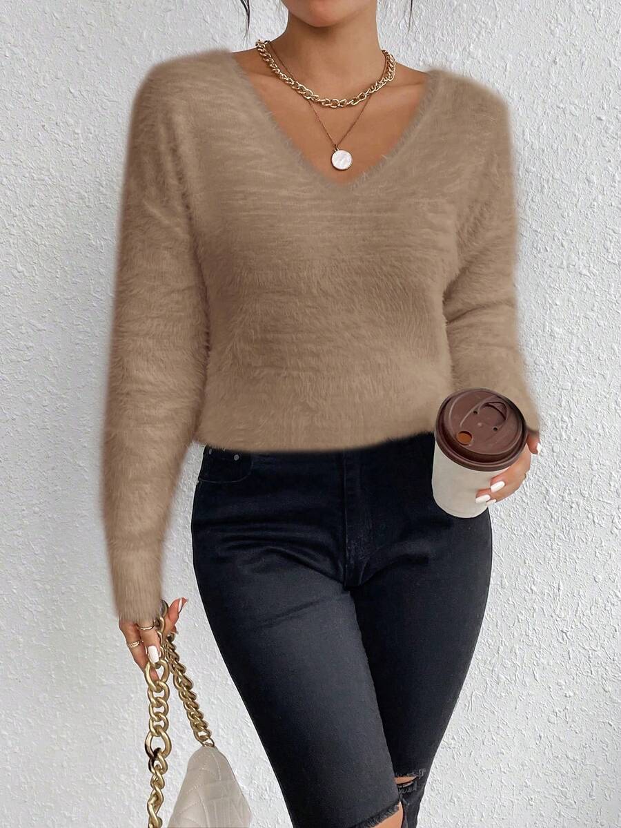 LanaWest White V-Neck Casual Soft Knit Sweater, Long Sleeve Pullover Top, Autumn/Winter - Khaki - View 1