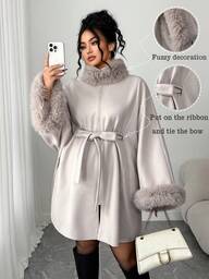 Elenzga Plus Size Women's New Lace-Up Coat, Gray, Winter