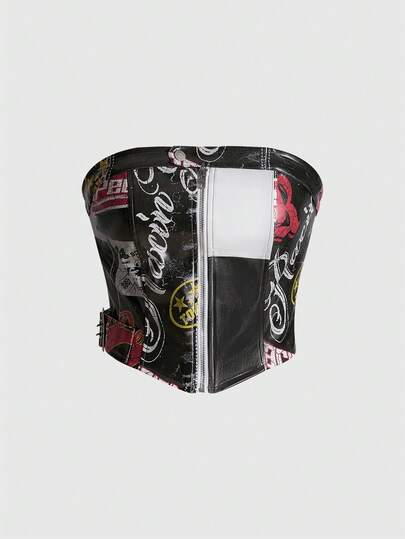 Street Life Women's Kpop Motorcycle PU Vintage Logo Print Patchwork Tube Top