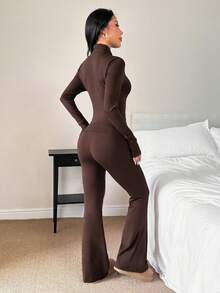 SHEIN PETITE 女士休闲纯色长袖上衣和喇叭裤套装，骑马图案印花，春夏款 - 棕色 - 查看 2