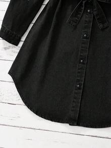 SHEIN Casual Front Button Long Sleeve Tween Girls Denim Dresses, Black Denim Dress, Denim Shirt Dress, Button Down Dress, Jean Dress Fall Winter - Black - View 5