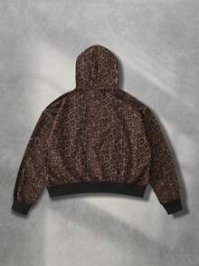 ROMWE MEN Street Life 复古韩流美式豹纹拉链连帽卫衣，长袖上衣 - 巧克力棕 - 查看 2