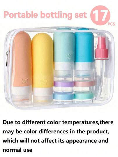 Travel Essentials 17pcs/Set, Silicone Travel Bottles For Toiletries, Leakproof Empty Refillable Liquid Container Travel Essentials For Cosmetics Shampoo Soap Conditioner Lotion Liquid, Travel Accessories With Portable Storage Bag Split