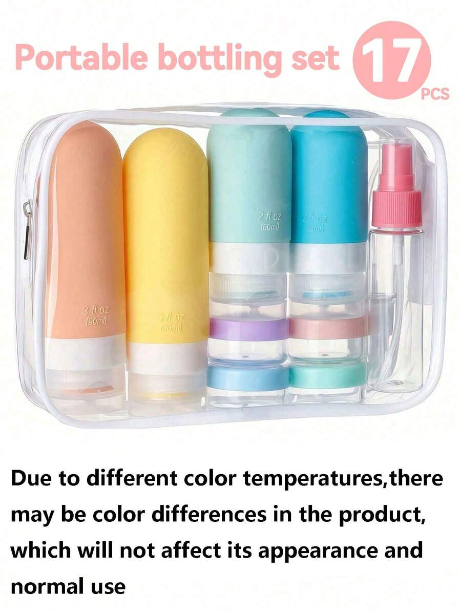 Travel Essentials 17pcs/Set, Silicone Travel Bottles For Toiletries, Leakproof Empty Refillable Liquid Container Travel Essentials For Cosmetics Shampoo Soap Conditioner Lotion Liquid, Travel Accessories With Portable Storage Bag Split - Multicolor - View 1