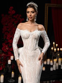 Glamrae Off-Shoulder Long Sleeve Backless Exaggerated Bow Decor Fitted Sexy Dress, Wedding Gown - White - View 6